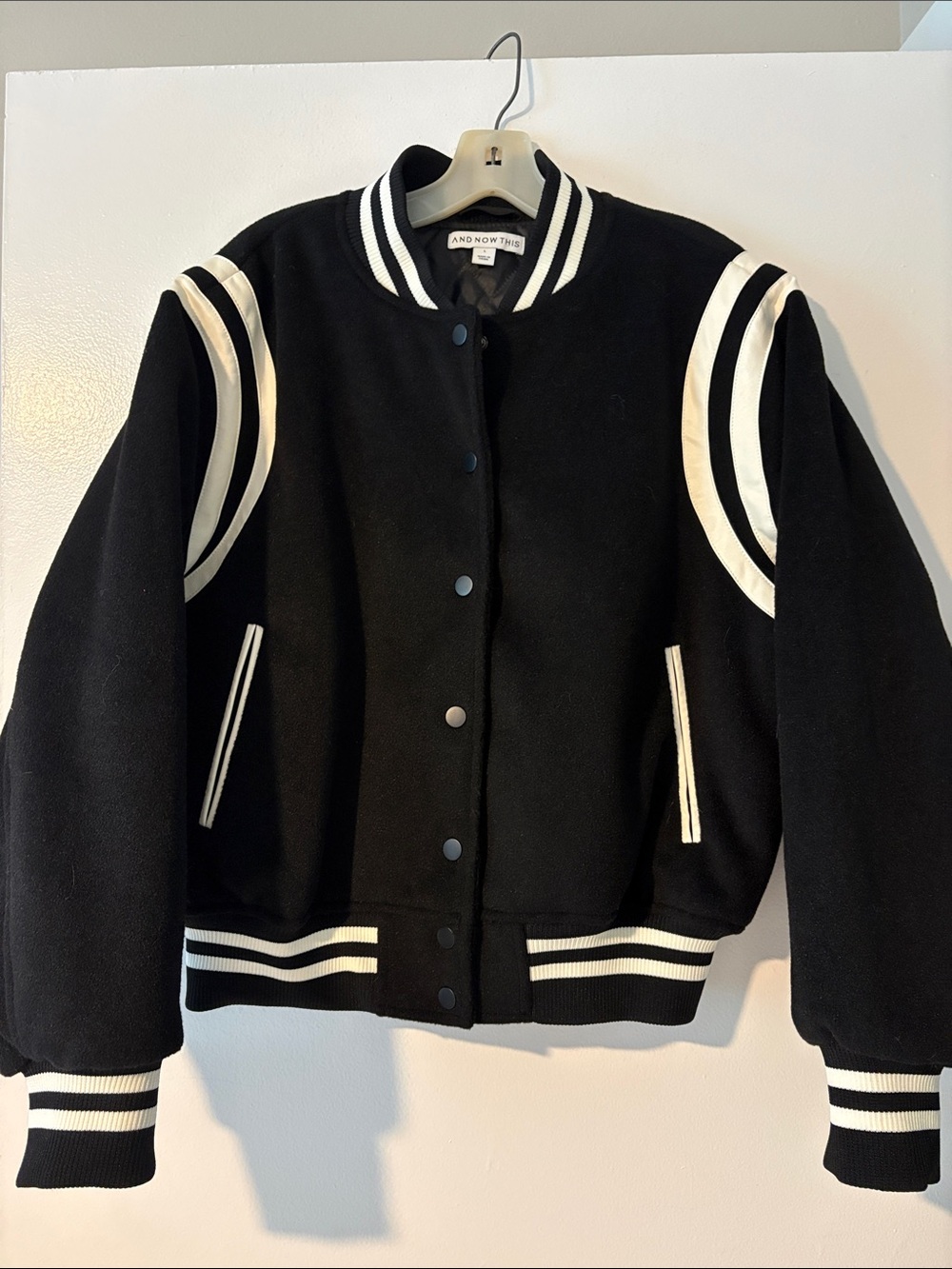 BRAND NEW Women's Black & White Varsity Jacket- faux leather & Wool And Now This
